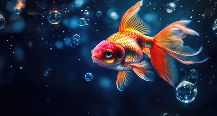 A beautiful goldfish, red and orange in color, swimming with bubbles around it.