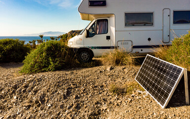 Sticker - Caravan camping on sea shore, Spain.