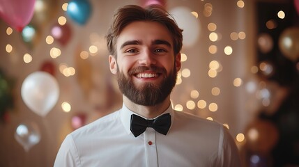 Wall Mural - Emotive bearded man wears formal shirt and bow tie happy to celebrate anniversary invites friends on party glad to recieve presents Happy young unshaven male in festive clothes has goo : Generative AI