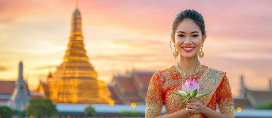 Wall Mural - Beautiful Thai woman in traditional dress with temple background, Thailand. Asian girl wearing pink and purple sari standing against a golden palace building.