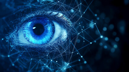 Wall Mural - A blue eye is seen through the lens of an AI network, with digital connections and data flowing around it.