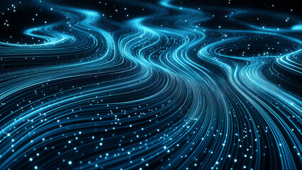 Wall Mural - Digital background featuring blue and black flowing data waves, glowing with light particles on a dark backdrop.