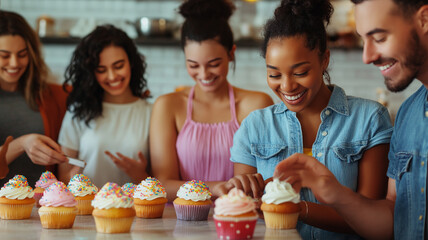 Wall Mural - A group of people are making cupcakes together