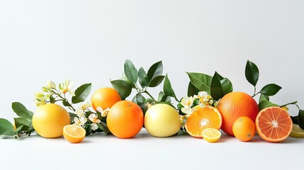 Poster - A bright and healthy arrangement of fruits with leaves on a white background, showcasing natural beauty and freshness