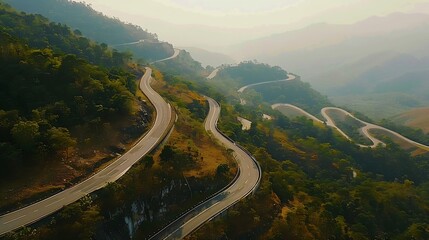 aerial top view drone shot ROAD No1081 or shape number three of winding mountain road between Pua District Nan Province Thailand is highlight point and landmark that tourist like to ta : Generative AI