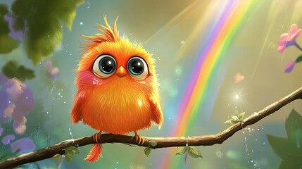 A cheerful cartoon bird with big eyes and fluffy feathers, perched on a branch with a bright rainbow in the background