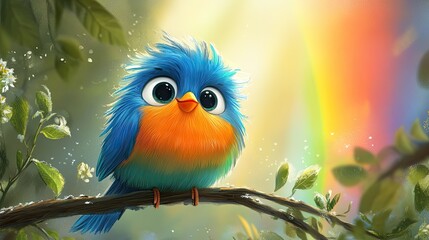 a cheerful cartoon bird with big eyes and fluffy feathers, perched on a branch with a bright rainbow
