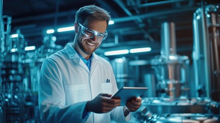 Poster - Smiling engineer checking systems on a tablet, surrounded by advanced industrial equipment and technology.