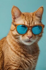 A cat wearing sunglasses and looking at the camera