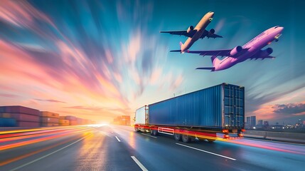 Poster - Logistics import export and cargo transportation industry concept of Container Truck run on highway road at sunset blue sky background with copy space cargo airplane moving by motion b : Generative AI