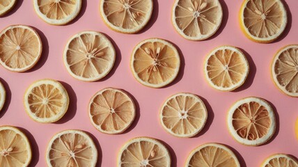 A close up of many slices of lemon on a pink background