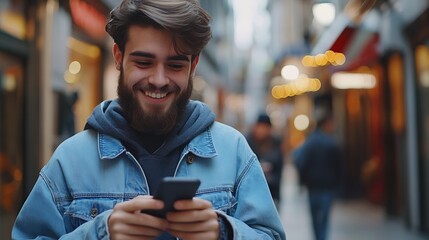 Glad fashionable young bearded guy wears stylish clothes and denim shirt has trendy hairstyle happy to exchange messages with friends uses free internet connection on electronic modern : Generative AI