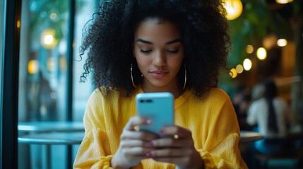 Poster - Cropped shot of black females hands holding mobile phone with blank copy space screen for your text message or promotional content Young woman watching videos using cell phone sitting  : Generative AI