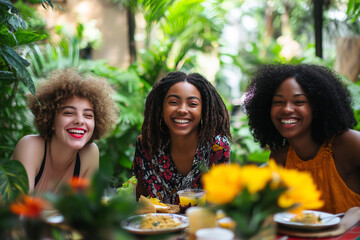 Wall Mural - Three women are smiling and laughing while sitting at a table with food