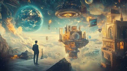 Wall Mural - A Man Gazing at a Floating City in a Surreal Landscape