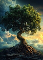 Wall Mural - A tree with deep roots, growing strong and tall in the natural landscape, symbolizing growth