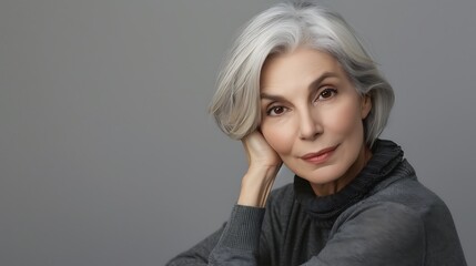 Canvas Print - A portrait of an elegant older woman with gray hair, showcasing beauty and grace against a neutral background.