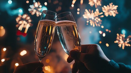 Two hands clink champagne flutes in celebration of a fireworks display.