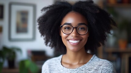 Wall Mural - Beautiful smiling African American female with crisp hair broad smile shows white teeth wears casual t shirt and spectacles stands over studio wall rejoices having day off Woman journa : Generative AI