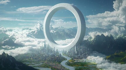 Wall Mural - Majestic Futuristic Cityscape with Ethereal Arch Gateway in Dreamlike Landscape