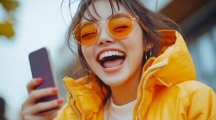 Wall Mural - Cheerful brunette Asian woman dance to favorite song moves to rhythm of music holds modern smartphone wears trendy orange sunglasses stylish jacket expresses happiness and joy models i : Generative AI