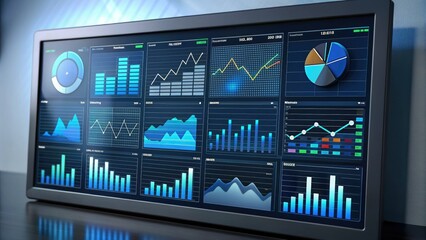 Modern minimalist graphic interface displays various analytical charts, graphs, and gauges on a clean dashboard, ideal for business, finance, or technology concepts.
