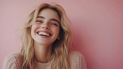 Wall Mural - Isolated shot of joyful blonde young cute woman laughs joyfully as hears funny anecdote from friend has long light hair poses against pink studio wall Happiness and positive emotions c : Generative AI