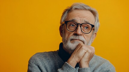 Senior thougthful man holds chin and looks pensively aside makes plannings wears spectacles and casual grey jumper isolated over vivid yellow background Handsome grandfather considers  : Generative AI