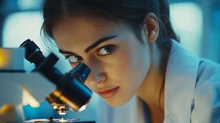 Young woman medical researcher looking through microscop slide in the life science forensics microbiology biochemistry genetics oncology laboratory Medicine concept : Generative AI