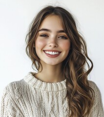 Wall Mural - Portrait of a beautiful young woman with brown hair smiling and looking at the camera