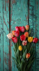 Tulip bouquet on rustic green wood with empty space