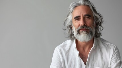 Poster - A mature man with long gray hair and a beard, wearing a white shirt, poses against a neutral background.