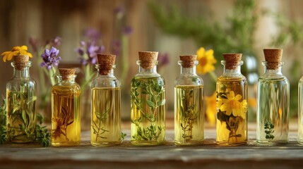 A collection of herbal oils in glass bottles that reflects 