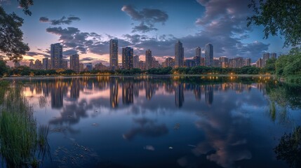 Sticker - City Skyline Reflected in a Calm Lake at Sunset