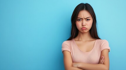 Portrait of displeased offended young Asian woman with dark hair keeps arms folded looks angrily aside doesnt agree with somebodys opinion wears neat clothes isolated over blue studio  : Generative AI