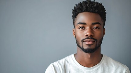 Headshot of attractive serious African student with small beard and moustache dressed in casual tshirt looking at camera with confident and thougthful expression on his face standing a : Generative AI