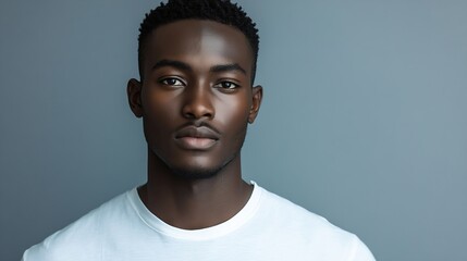 Wall Mural - Close up portrait of goodlooking serious African man with healthy clean skin wearing white casual tshirt posing isolated against gray studio wall with copy space for your promotional c : Generative AI