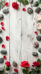 Valentine s Day spa setup on white wooden background with stones roses and candles