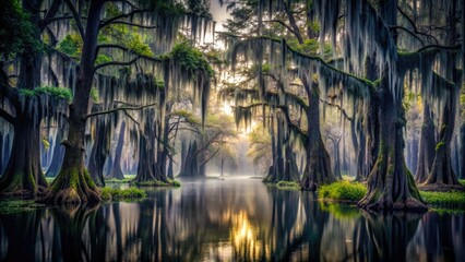 Mysterious and foreboding, this eerie image captures the stillness of dark swamp water, reflecting twisted cypress trees and Spanish moss in its murky depths.