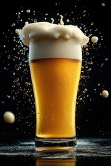 Wall Mural - A glass of beer with a splash, isolated on a black background. Detailed illustration