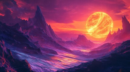 A fiery sunset over an alien landscape with mountains and a large red star