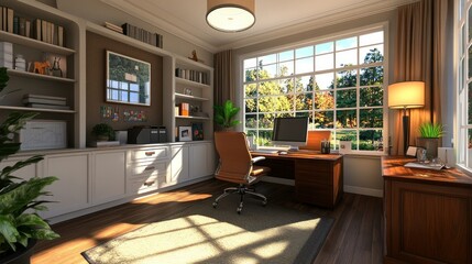 Canvas Print - A Home Office with a Large Window Looking Out onto a Lush Greenery