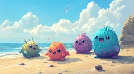 Poster - A group of cute, round creatures with different colors and patterns,