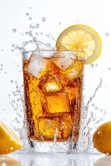 Wall Mural - A glass of sweet tea with ice cubes and a lemon slice, the liquid splashing against the white background