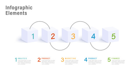 Business process chart infographics with 5 step cubes. Cubic corporate workflow graphic elements. Vector infographics design