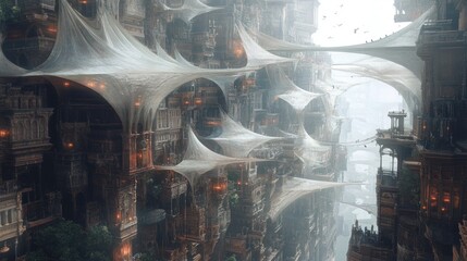 Poster - A City of Towers Connected by White Fabric Canopies