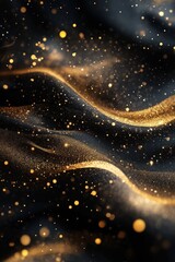 Abstract black background with golden glitter and swirls of gold dust on a dark background