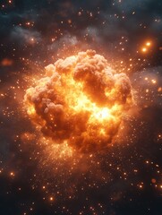 Wall Mural - 3D render of a massive fireball explosion with sparks and smoke on a dark background