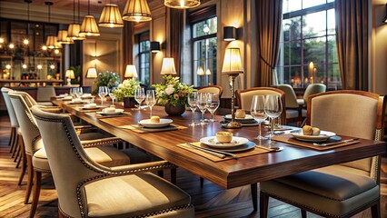 Polished wooden table surrounded by upscale dining chairs, adorned with elegant tableware and napkins, set against a sophisticated restaurant background with soft lighting.