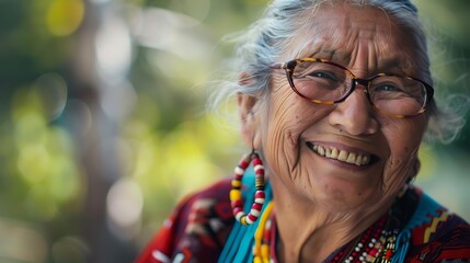 Poster - A joyful elderly woman smiling, showcasing traditional attire and jewelry in a natural setting.